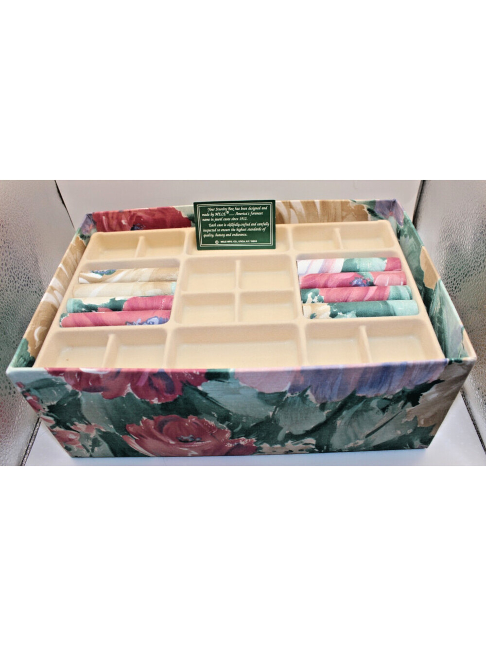 Vintage Mele Jewelry Box Floral Fabric 4 Removable Trays Ring Storage 12” x 8"